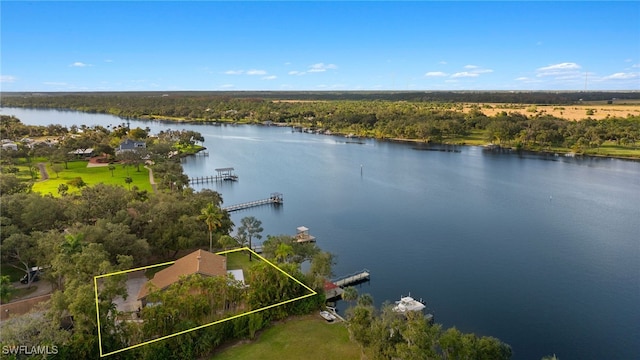 aerial view featuring a water view