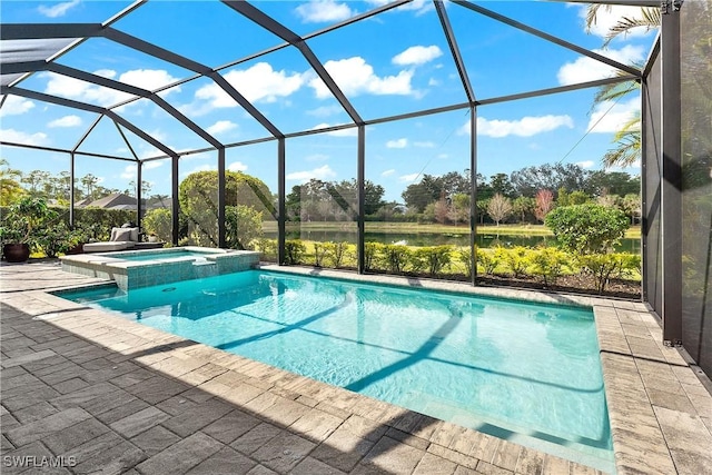 view of swimming pool featuring a water view, an in ground hot tub, a lanai, and a patio