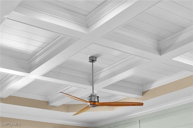 interior details with ceiling fan, ornamental molding, coffered ceiling, and beam ceiling