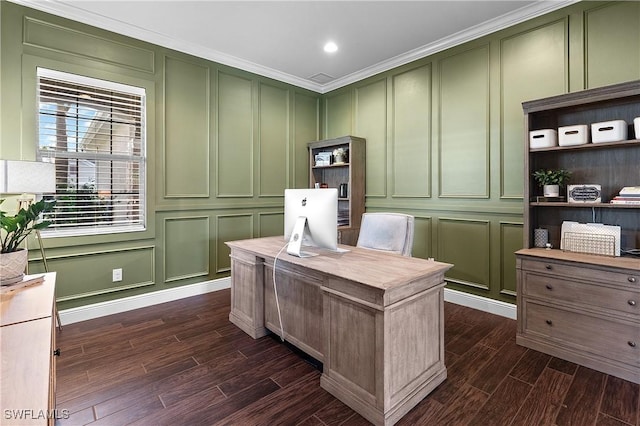 home office featuring crown molding and dark hardwood / wood-style flooring