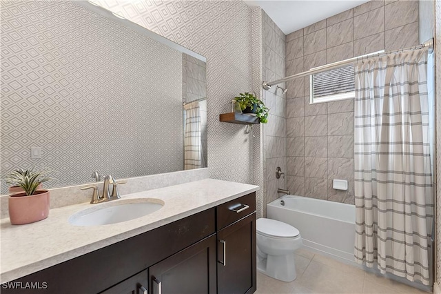 full bathroom with tile patterned flooring, vanity, shower / bath combination with curtain, and toilet