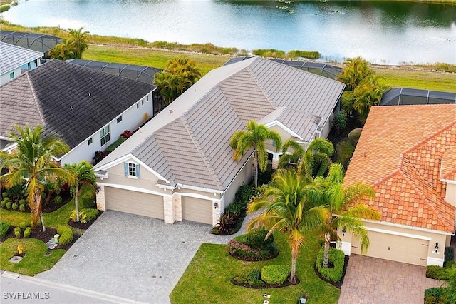 aerial view featuring a water view