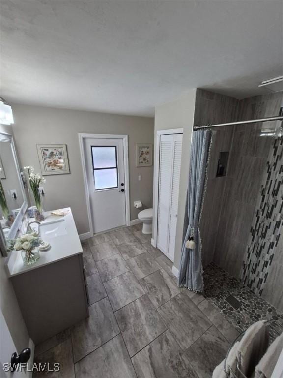 bathroom with vanity, toilet, and curtained shower