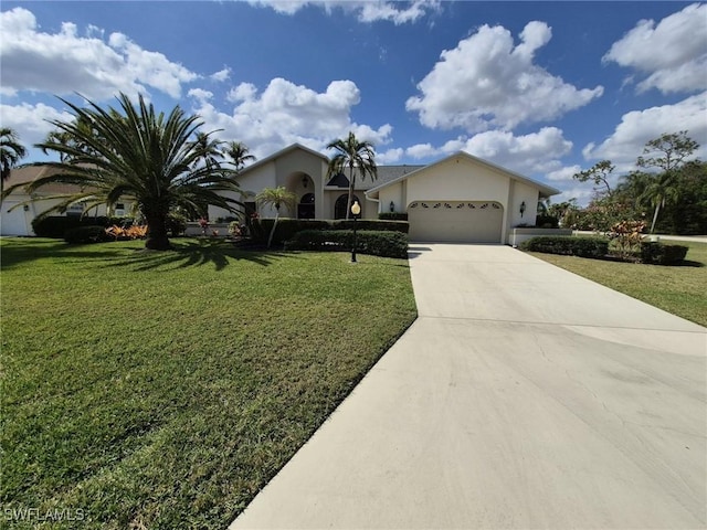 ranch-style home featuring a garage and a front lawn