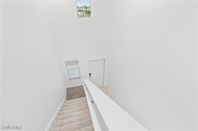 12230 Dakota Ridge Pl, Lehigh Acres, FL 33974 - stairway featuring baseboards, a towering ceiling, and carpet