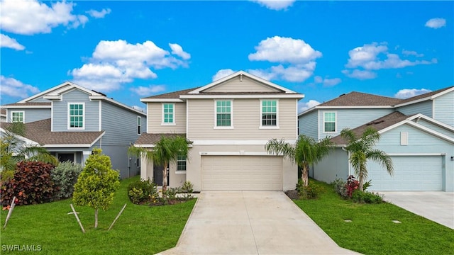 12230 Dakota Ridge Pl, Lehigh Acres, FL 33974 - traditional-style house featuring driveway, a front lawn, stucco siding, a garage, and roof with shingles