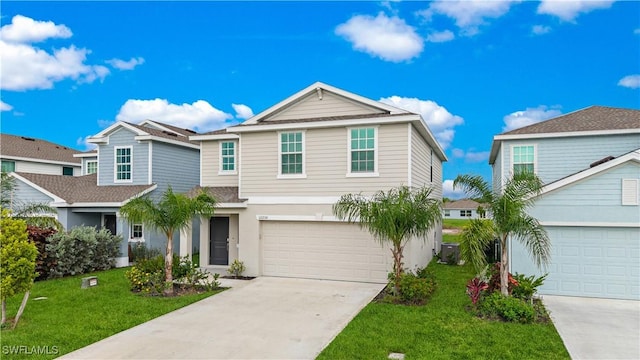 12230 Dakota Ridge Pl, Lehigh Acres, FL 33974 - traditional-style home with driveway, central air condition unit, a garage, and a front yard