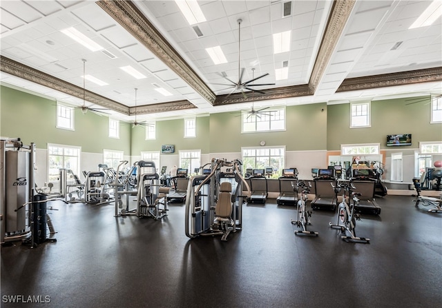 workout area with ceiling fan, plenty of natural light, and a towering ceiling