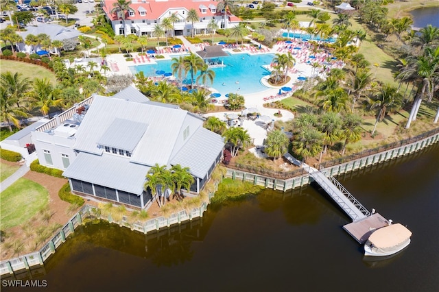 drone / aerial view featuring a water view