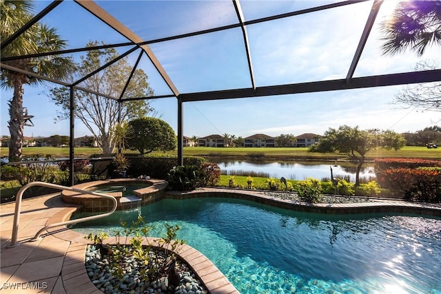 view of swimming pool featuring a lanai, an in ground hot tub, and a water view