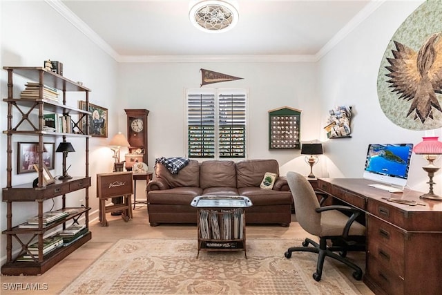 home office featuring crown molding and light hardwood / wood-style floors