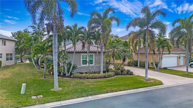 mediterranean / spanish house featuring a front yard, stucco siding, a garage, a tiled roof, and decorative driveway