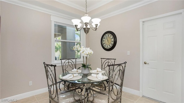 dining room featuring light tile patterned flooring, baseboards, a notable chandelier, and ornamental molding