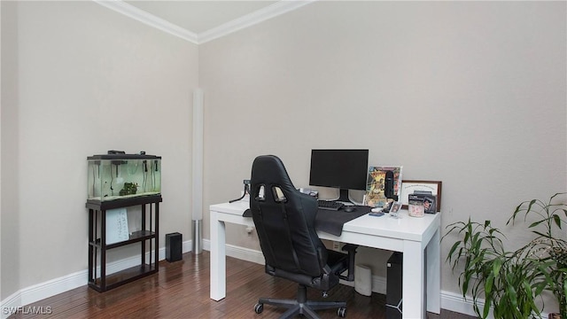 office area with wood finished floors, baseboards, and ornamental molding