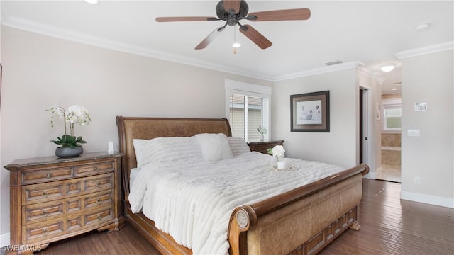 bedroom featuring a ceiling fan, dark wood-style floors, baseboards, visible vents, and crown molding