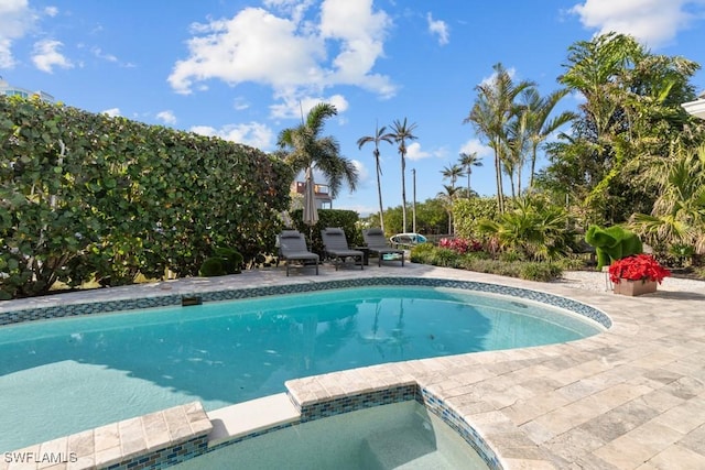 view of swimming pool featuring a pool with connected hot tub and a patio