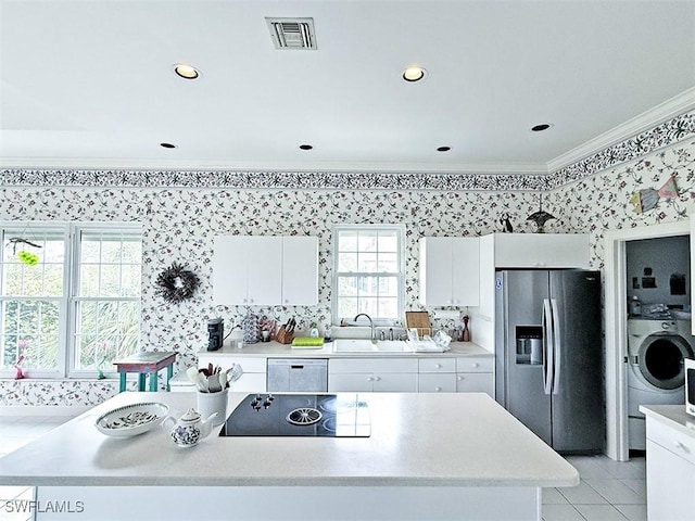 kitchen with stainless steel refrigerator with ice dispenser, dishwasher, white cabinets, and ornamental molding