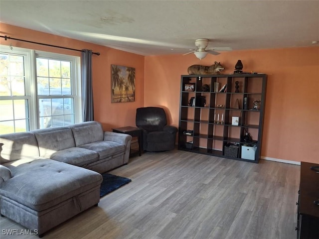 living room with ceiling fan and hardwood / wood-style floors