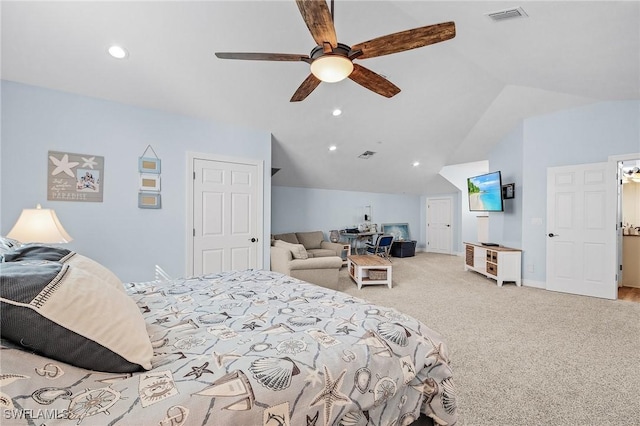 bedroom featuring lofted ceiling, light carpet, and ceiling fan