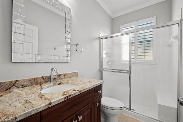 bathroom featuring crown molding, walk in shower, vanity, and toilet