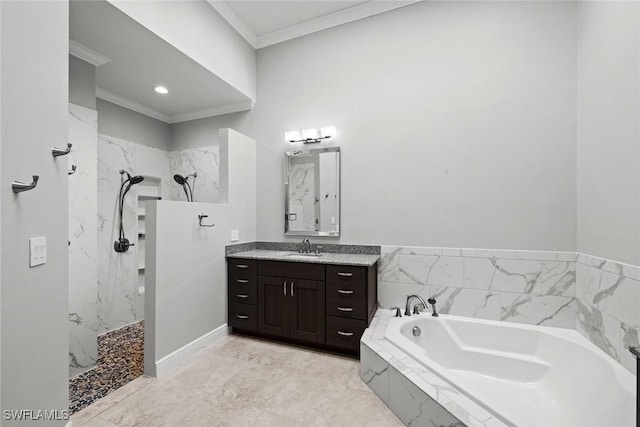 bathroom featuring ornamental molding, shower with separate bathtub, and vanity