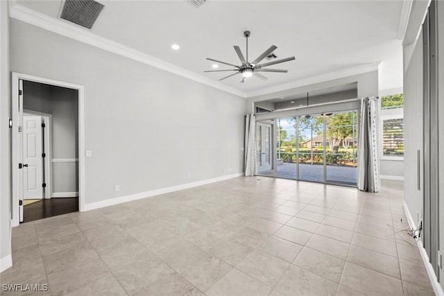 spare room with light tile patterned floors, ornamental molding, and ceiling fan