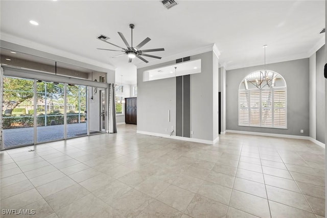 unfurnished room featuring crown molding, light tile patterned floors, and ceiling fan with notable chandelier