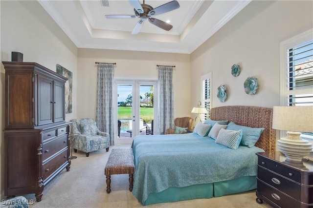 bedroom featuring french doors, light carpet, ornamental molding, ceiling fan, and access to exterior