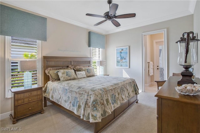 bedroom with crown molding, ceiling fan, and light carpet