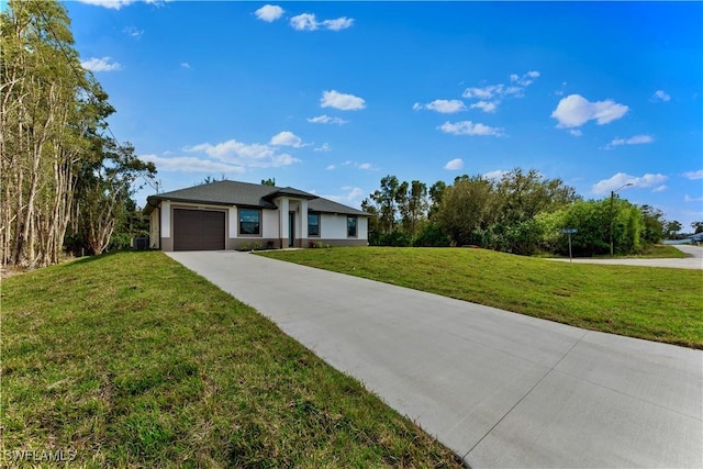 ranch-style house with a garage, central AC, and a front lawn