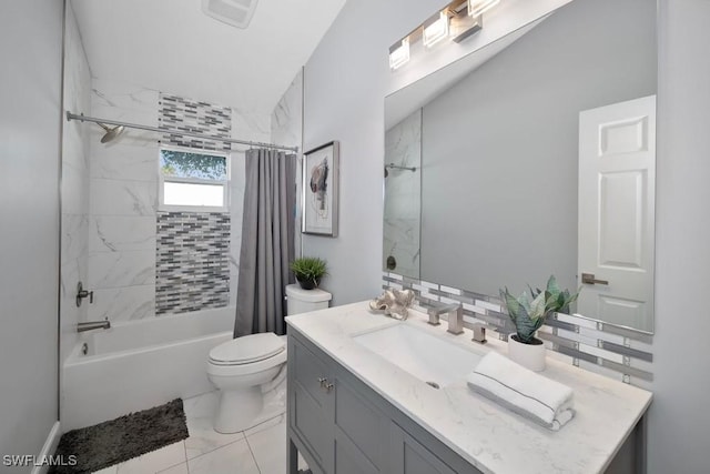 full bathroom featuring vanity, shower / tub combo, and toilet