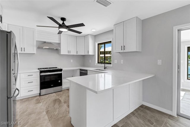 kitchen with sink, wall chimney range hood, kitchen peninsula, stainless steel appliances, and white cabinets