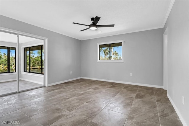 unfurnished room featuring crown molding and ceiling fan