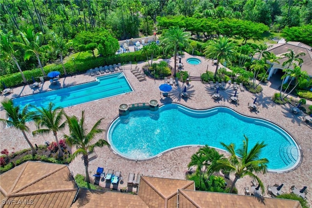 view of swimming pool with a community hot tub and a patio area