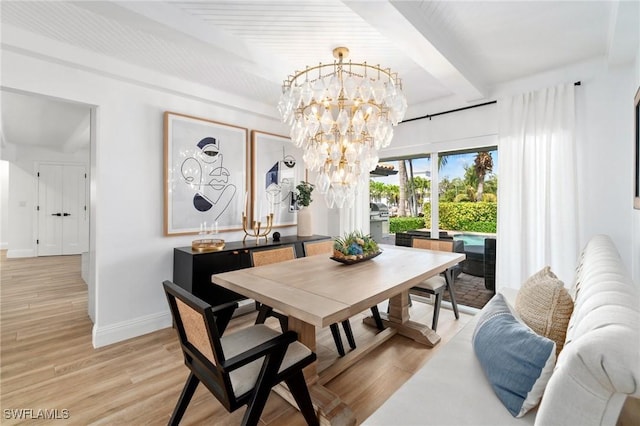 dining space featuring light wood-style floors, baseboards, beamed ceiling, and an inviting chandelier