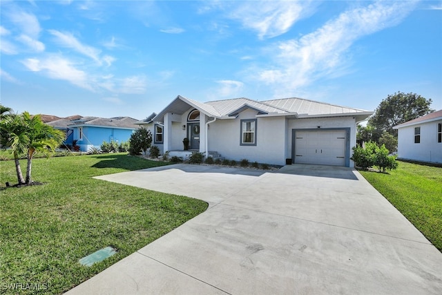 1533 San Marco Rd, Marco Island, FL 34145 - ranch-style home featuring driveway, stucco siding, a front lawn, metal roof, and a garage