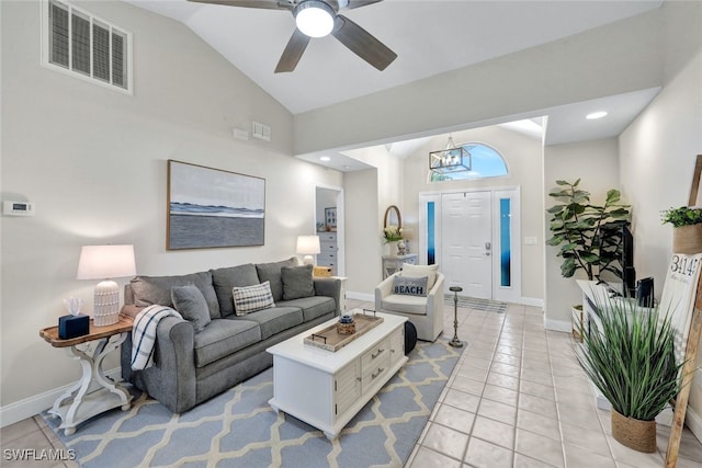 1533 San Marco Rd, Marco Island, FL 34145 - living area featuring baseboards, visible vents, light tile patterned floors, and ceiling fan with notable chandelier