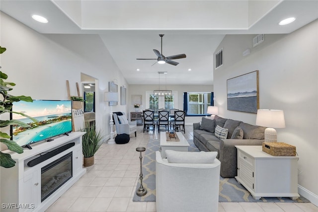 1533 San Marco Rd, Marco Island, FL 34145 - living area featuring light tile patterned floors, recessed lighting, ceiling fan, and visible vents