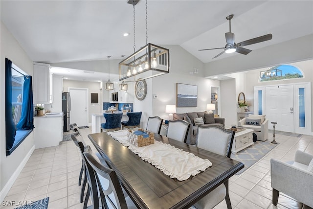 1533 San Marco Rd, Marco Island, FL 34145 - dining space featuring vaulted ceiling, a ceiling fan, light tile patterned floors, baseboards, and recessed lighting