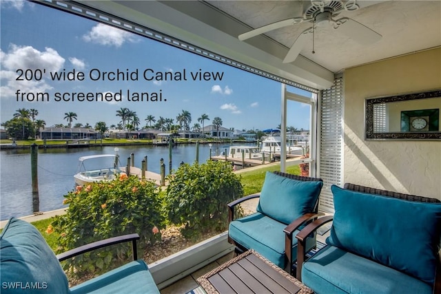 balcony featuring an outdoor living space, a water view, a boat dock, and ceiling fan