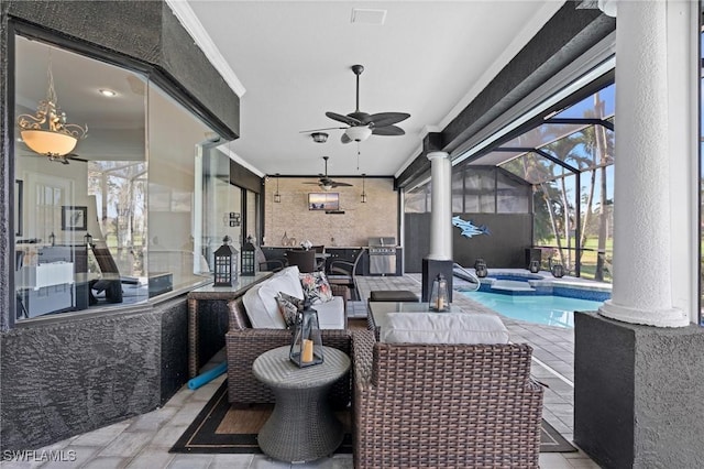 view of patio / terrace with an outdoor living space, a pool with hot tub, ceiling fan, and glass enclosure