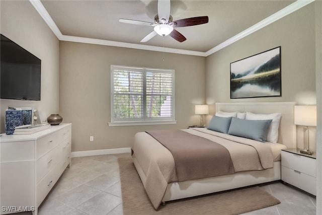 tiled bedroom featuring crown molding and ceiling fan