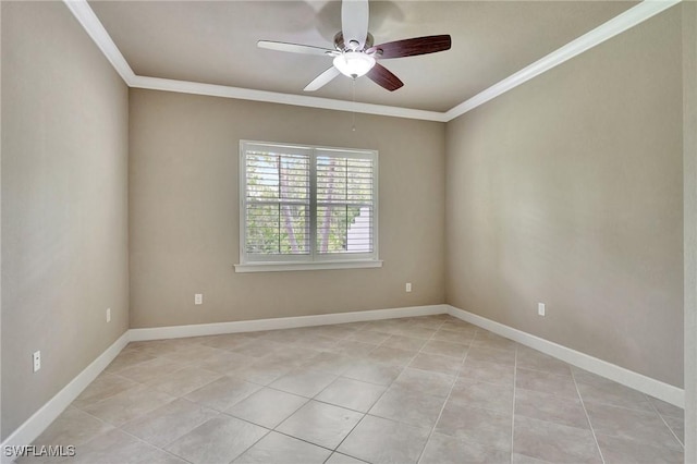 tiled spare room featuring ornamental molding and ceiling fan