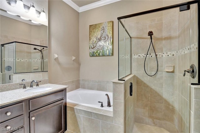 bathroom with crown molding, vanity, and independent shower and bath