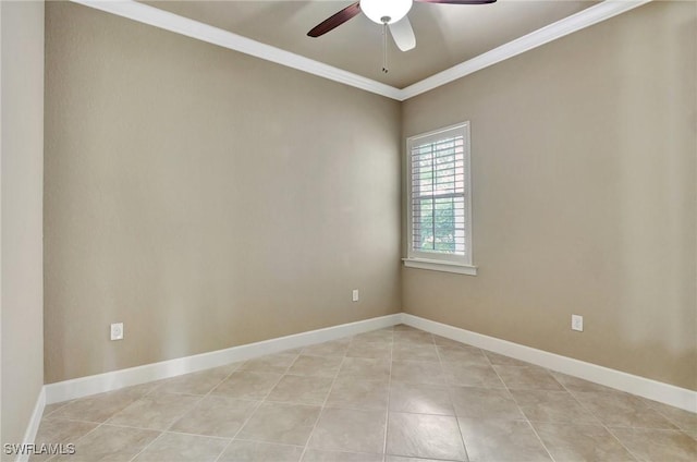 tiled empty room featuring ornamental molding and ceiling fan