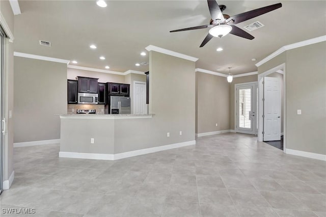 unfurnished living room with crown molding, light tile patterned floors, and ceiling fan