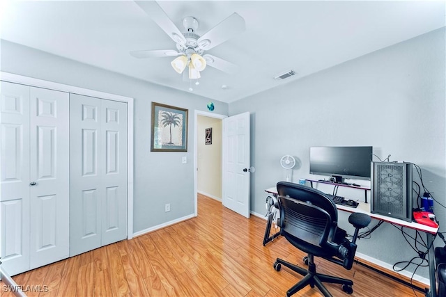 office space featuring ceiling fan and light hardwood / wood-style floors