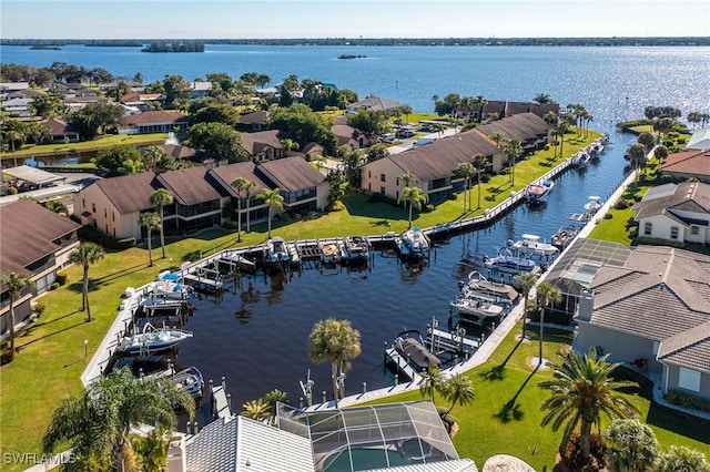 aerial view featuring a water view