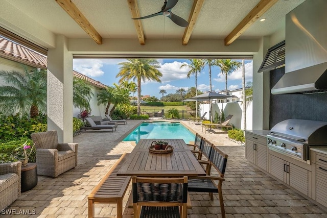 view of pool with ceiling fan, an outdoor kitchen, a grill, and a patio