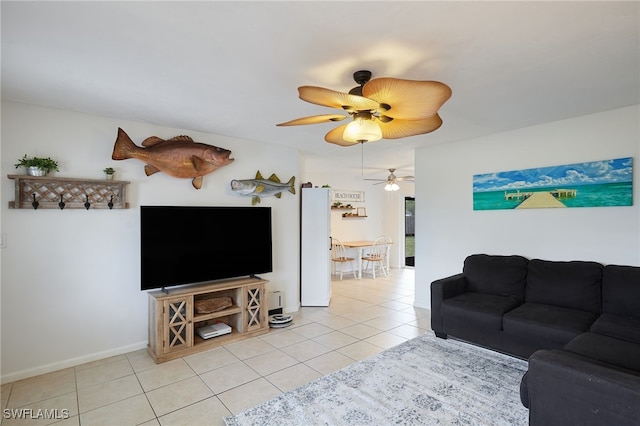 tiled living room with ceiling fan